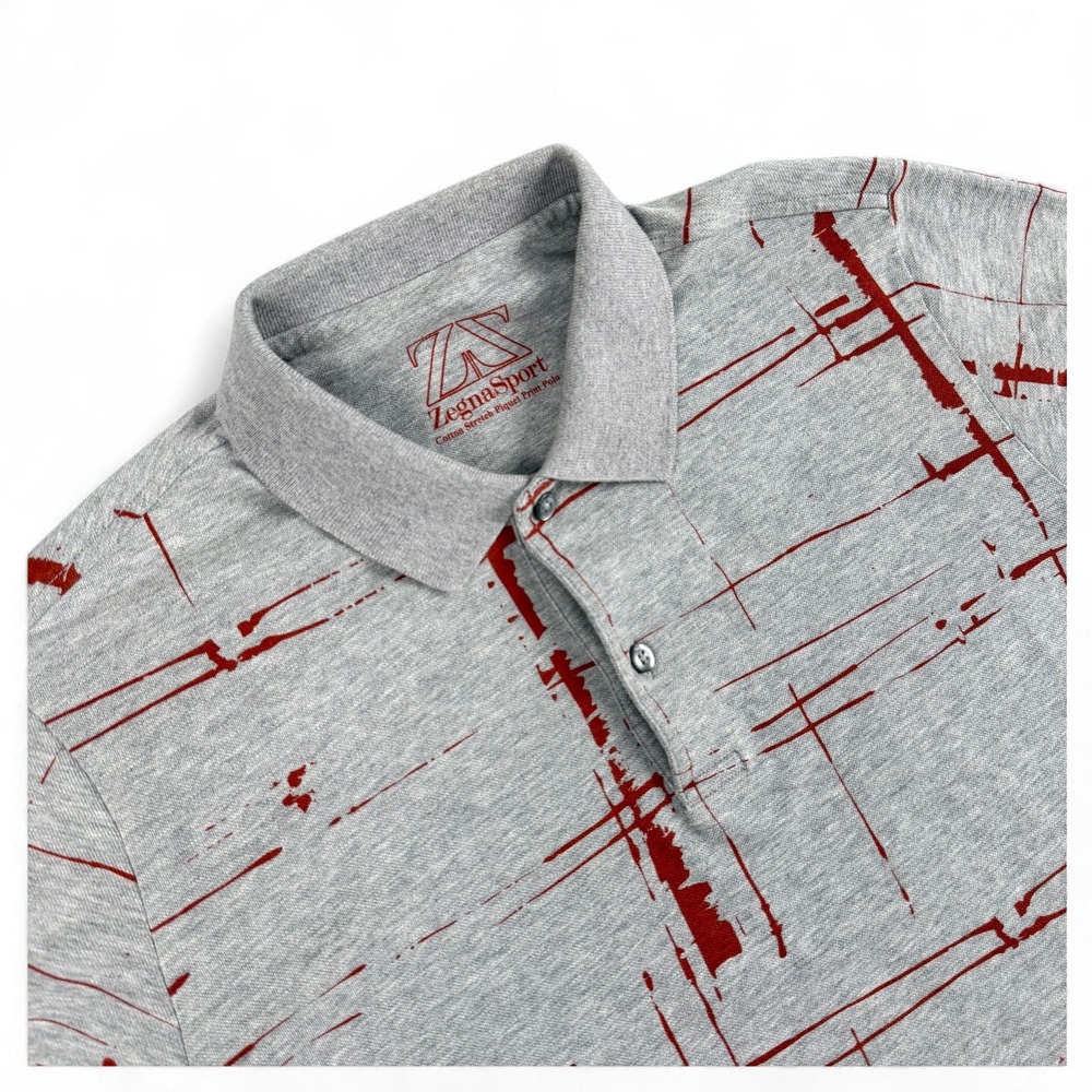 Zegna Sport Polo Shirt Mens M Gray Red Graphic Short Sleeve Piquet Print Luxury‎
